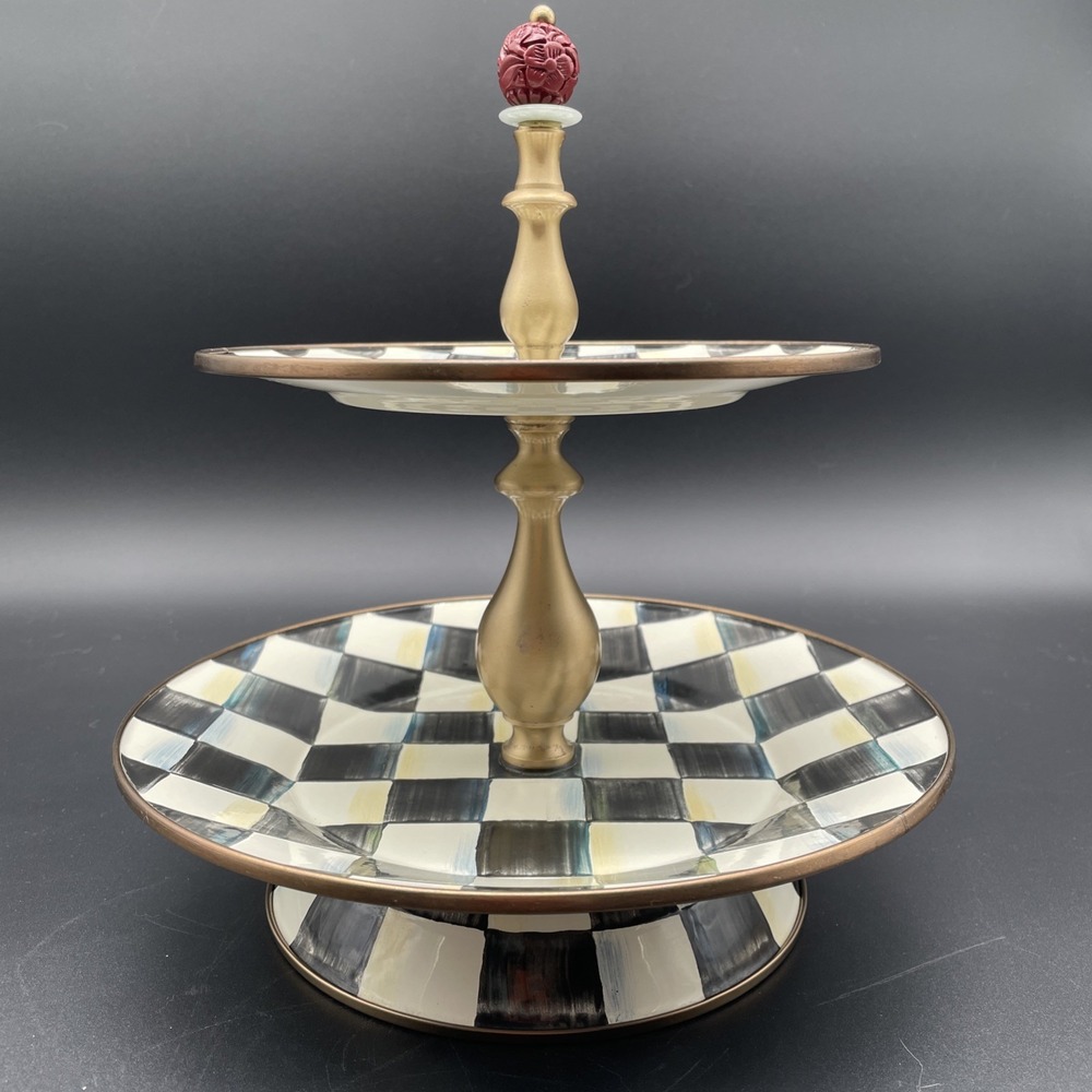 MacKenzie-Childs Courtly Check Enamel Brass Two-Tier Sweet Stand 11" X 10"